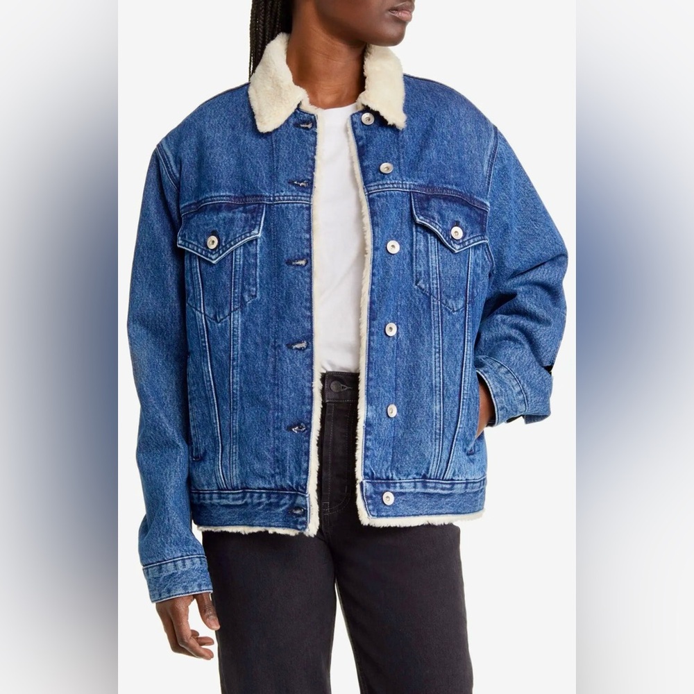 rag & bone Chelsea Classic Trucker Blue Denim Fleece Shearling Jacket S/P‎
